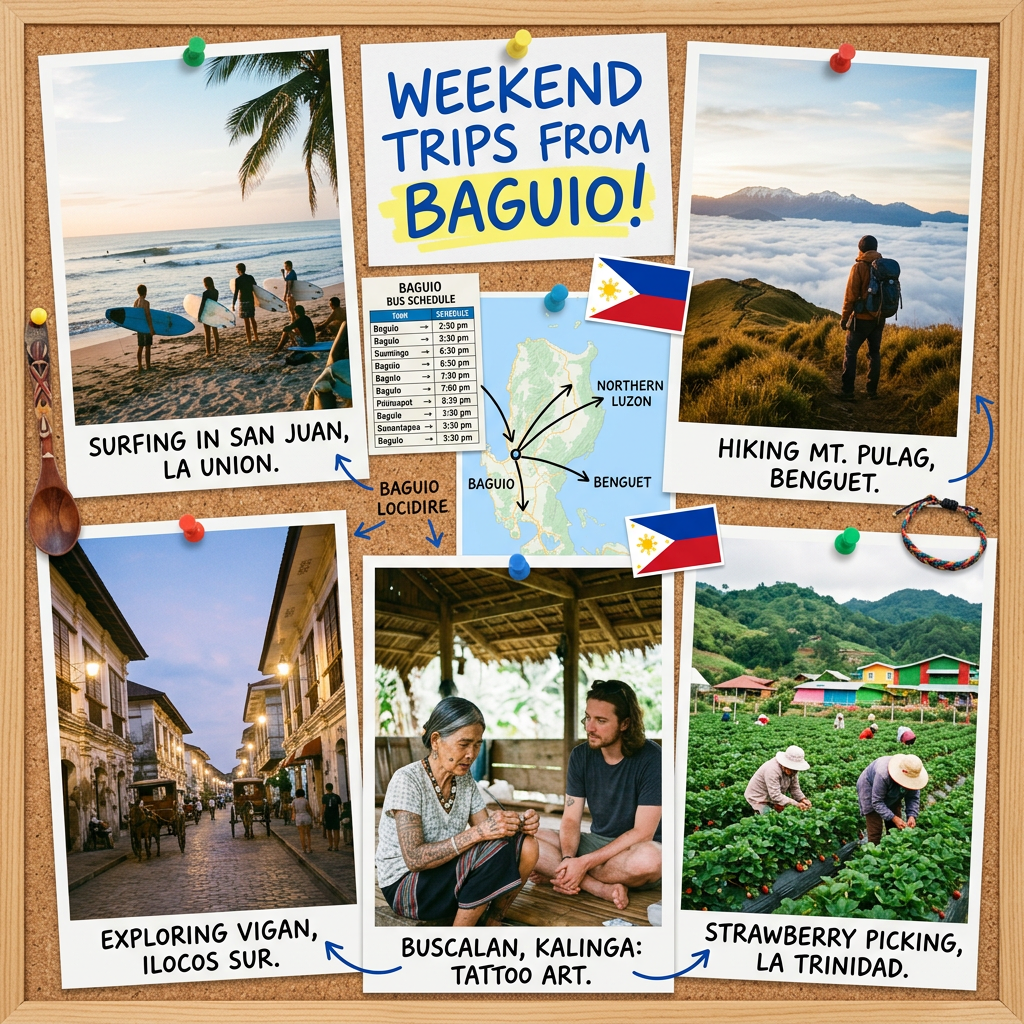 Weekend Trips from Baguio; surfing in San Juan, La Union; hiking Mt. Pulag, Benguet; exploring Vigan, Ilocos Sur; Buscalan, Kalinga: tattoo art; strawberry picking, La Trinidad; Baguio bus schedule and map of Northern Luzon, Benguet, and Baguio LoCride