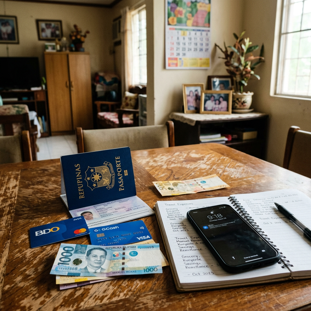 Philippine passport, cash, cards, smartphone, and travel budget notebook on table