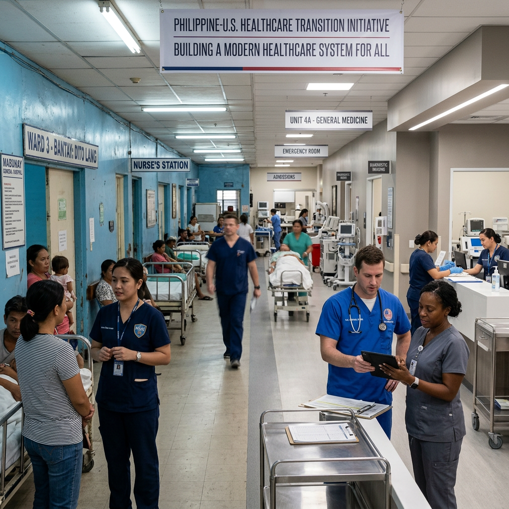 Hospital corridor with staff, patients, and sign reading Philippine-U.S. Healthcare Transition Initiative.