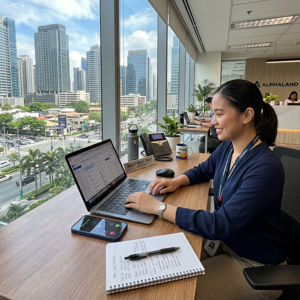 Contact desk with smartphone, laptop, notebook, and Philippine office view