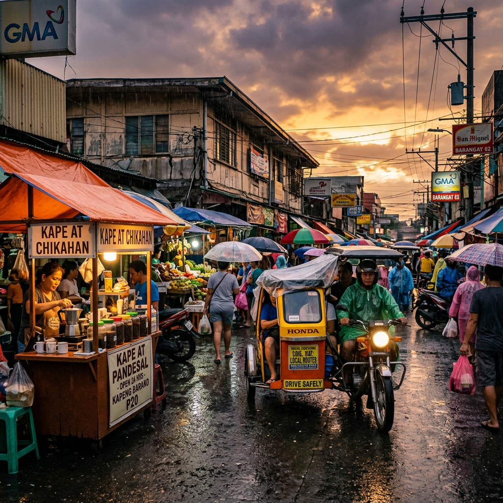 Rainy Filipino market street with food stalls, umbrellas, pedestrians, and motorcycles