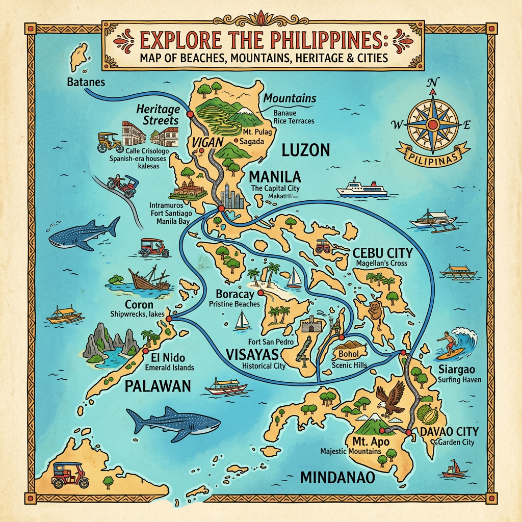 Illustrated map of Philippine beaches, mountains, heritage sites, and cities