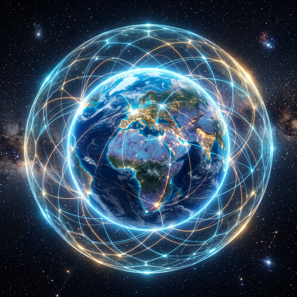 Glowing Earth centered on Europe, Africa, and Asia with interconnected network lines