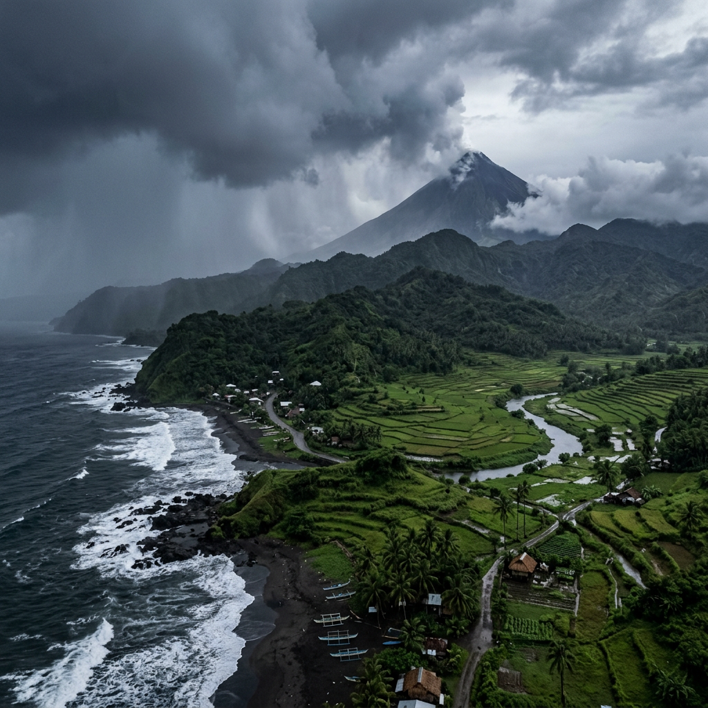 Lush volcanic coastline with rice terraces beneath storm clouds