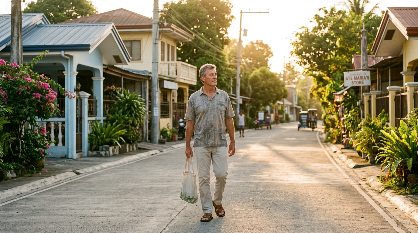 Man carrying a reusable bag along a sunlit residential street