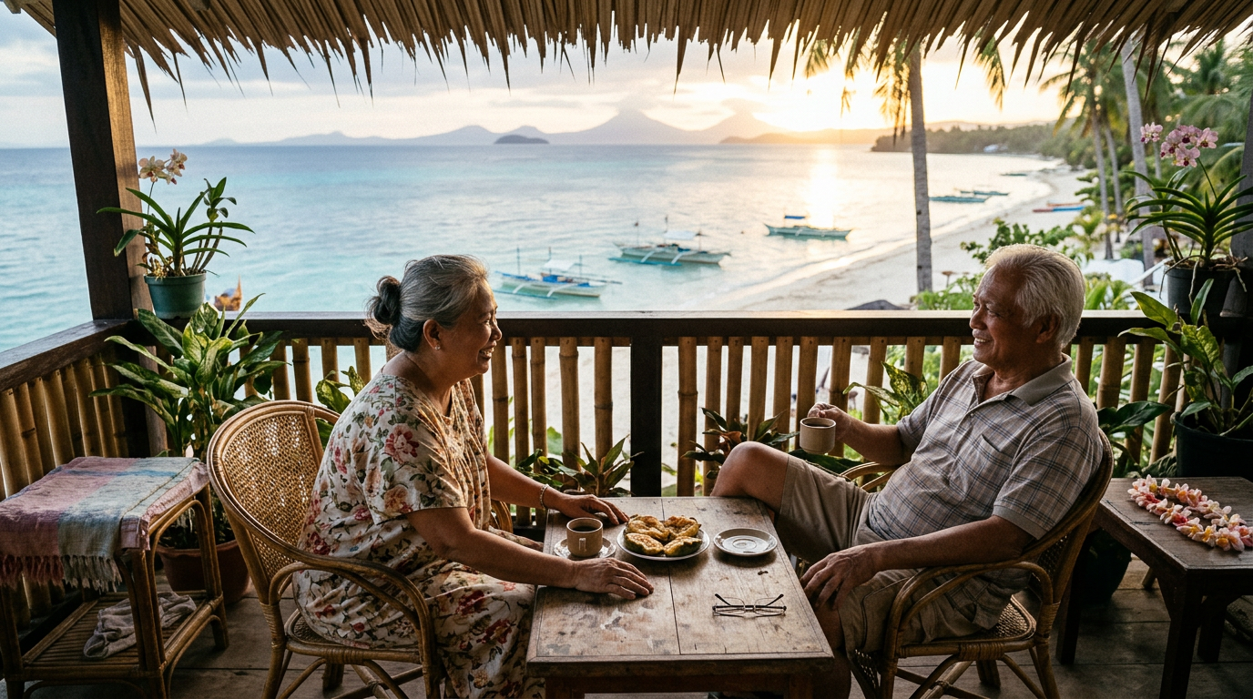 Older couple sharing coffee and pastries on a seaside balcony