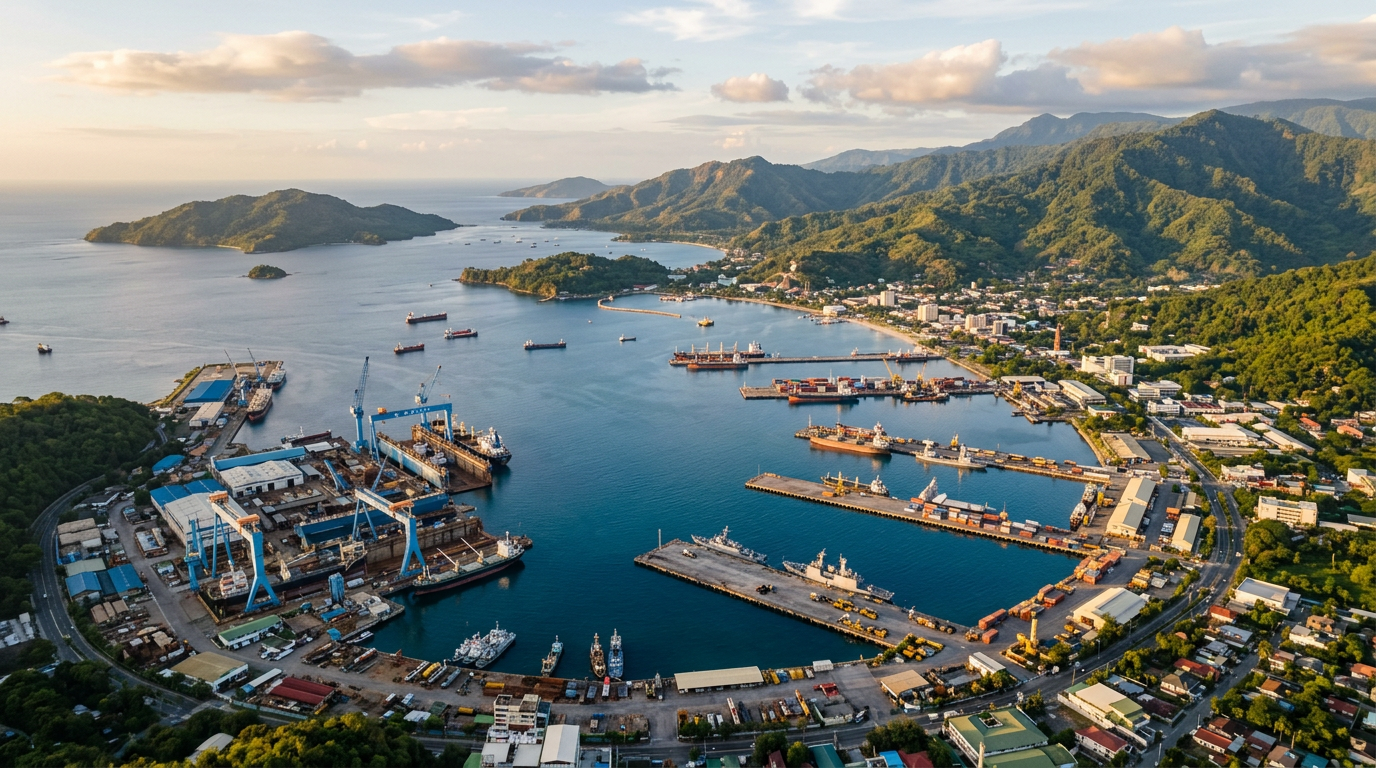 Aerial view of a tropical harbor, shipyards, coastal city, and forested mountains