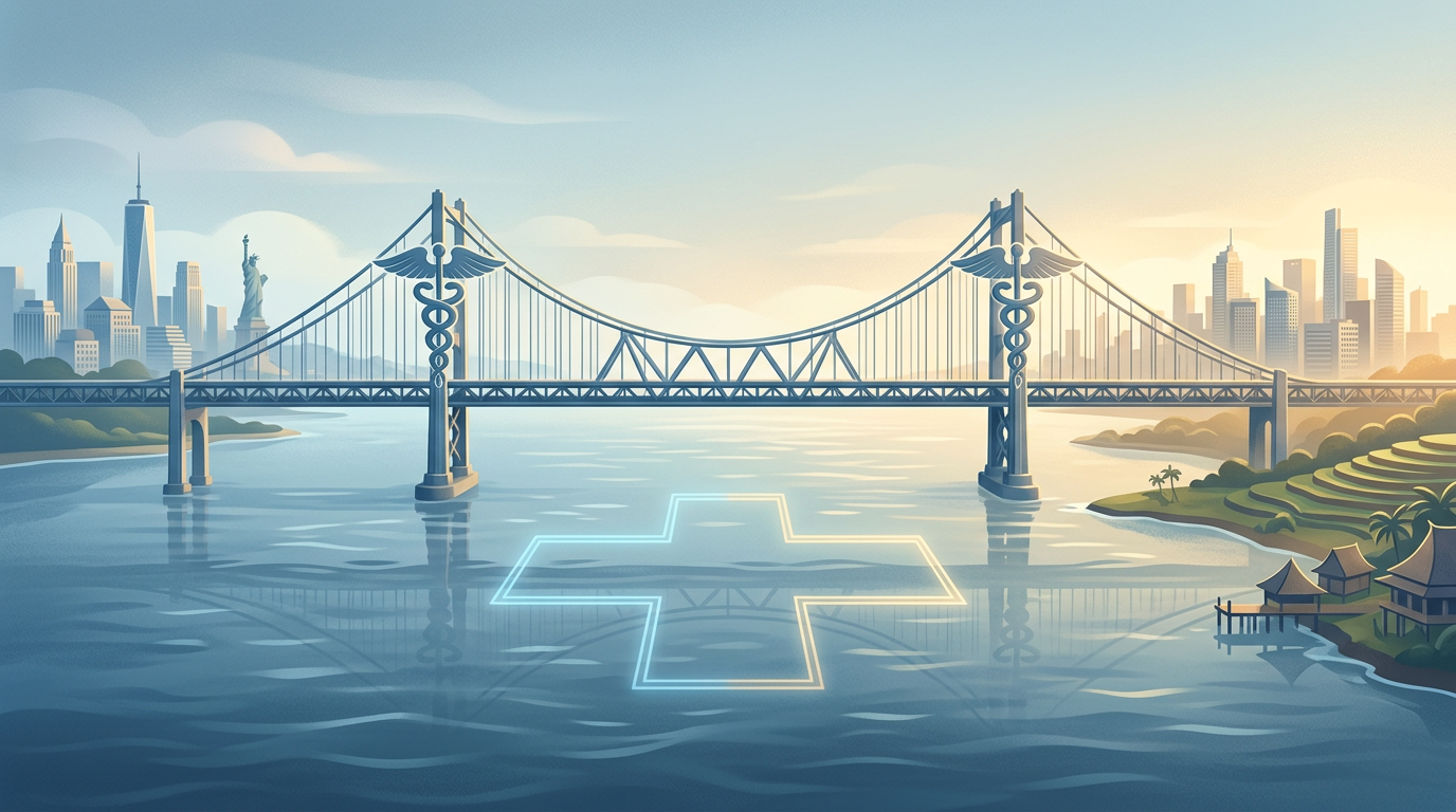 Medical symbol bridge connecting two city skylines over water