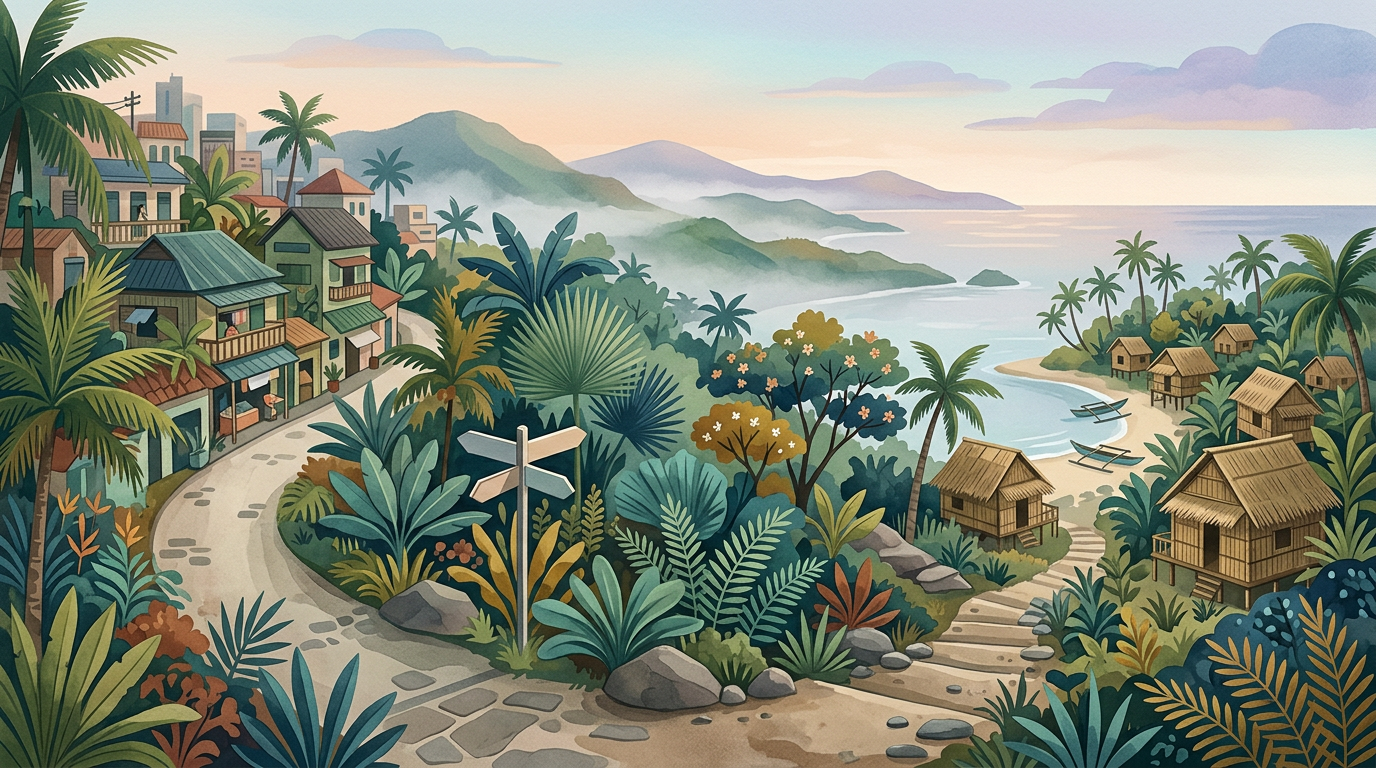Illustrated tropical village overlooking a bay with islands and beach huts