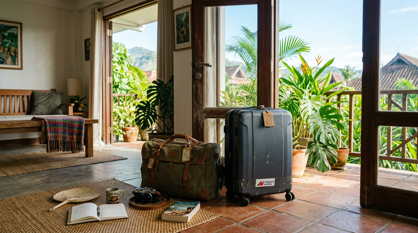 Luggage and travel essentials beside an open balcony overlooking tropical greenery