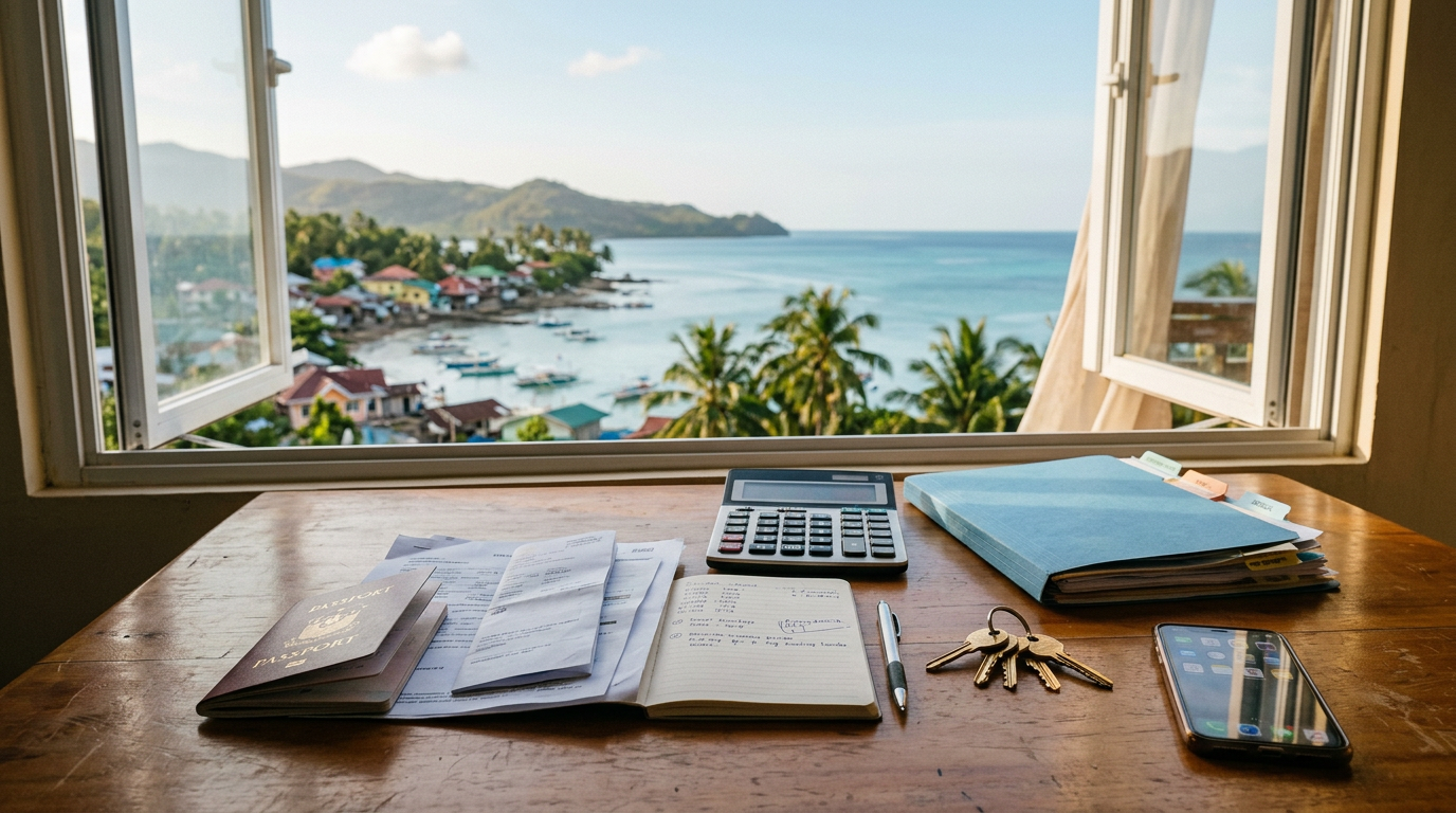 Travel documents and passport on desk overlooking a tropical bay