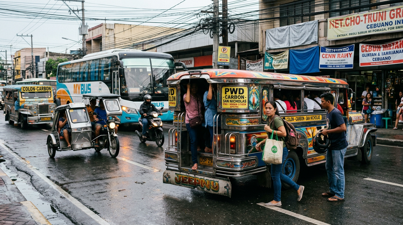 Colorful Cebu jeepney stopped amid buses and tricycles on a busy street